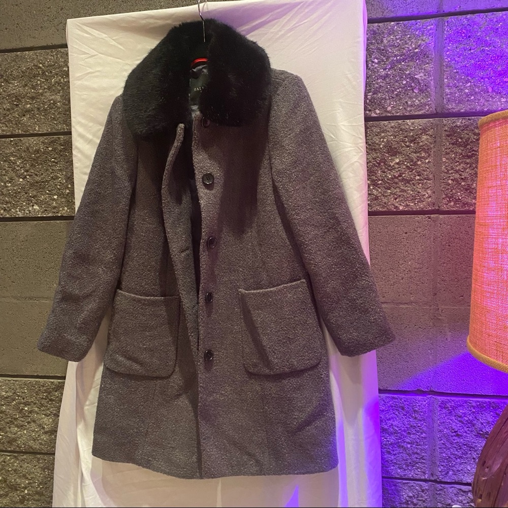 TALBOTS GREY WOOL COAT W/FAUX FUR